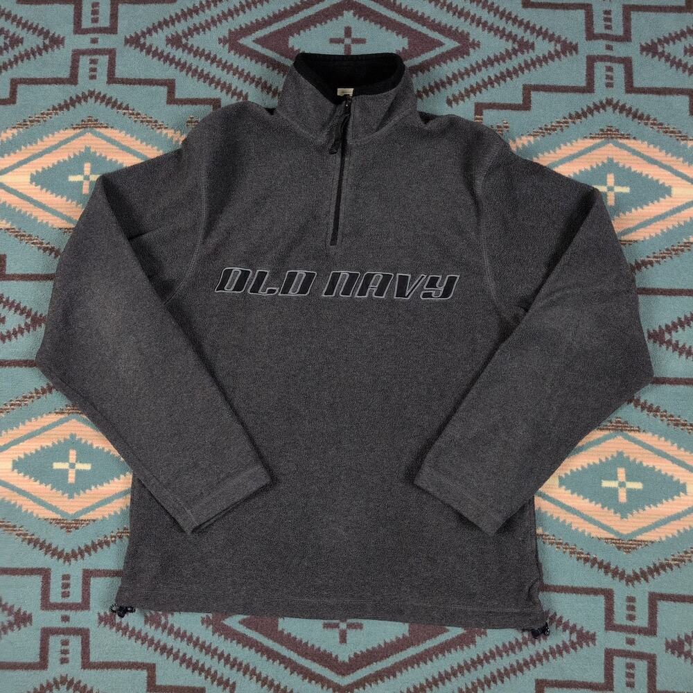 VTG Old Navy Logo 1/4 Zip Fleece Sweater Medium Gray Pullover Sweatshirt Mens